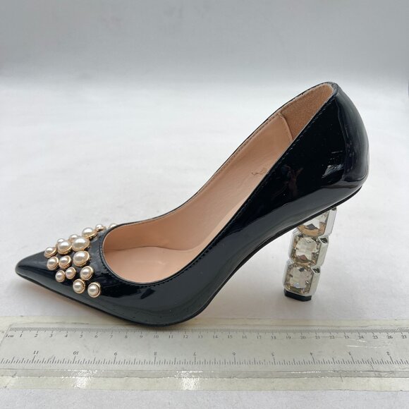 FSJ Black-pearls Jeweled High Heel Pointed Toe Pump Slip On Sparkling Heel Shoes - Picture 2 of 8